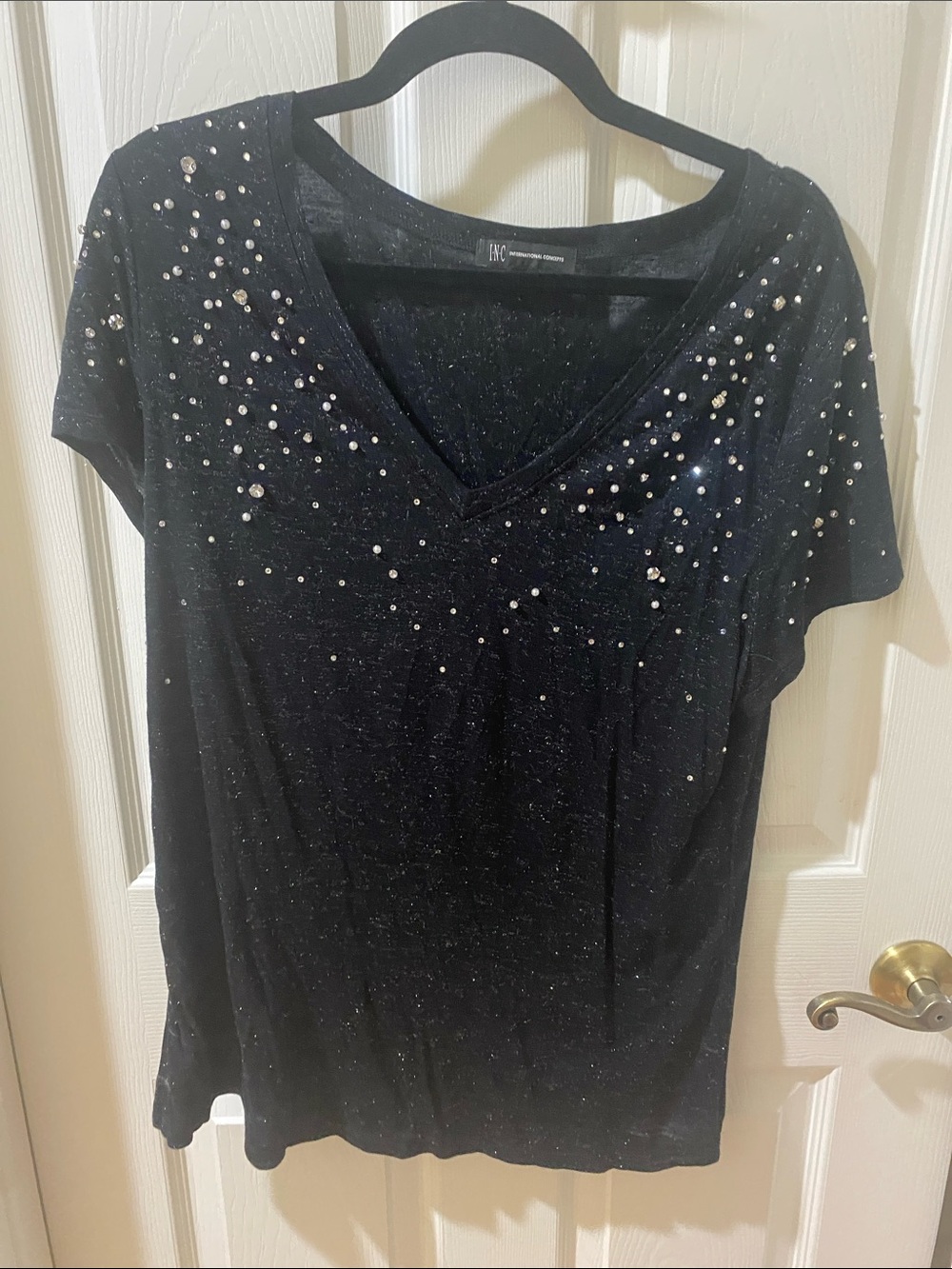INC International Concepts Black V-Neck Tee with Rhinestone Accents